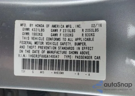 2016 Honda Accord Ex-L из США, поврежденный, VIN 1HGCR2F88GA149547